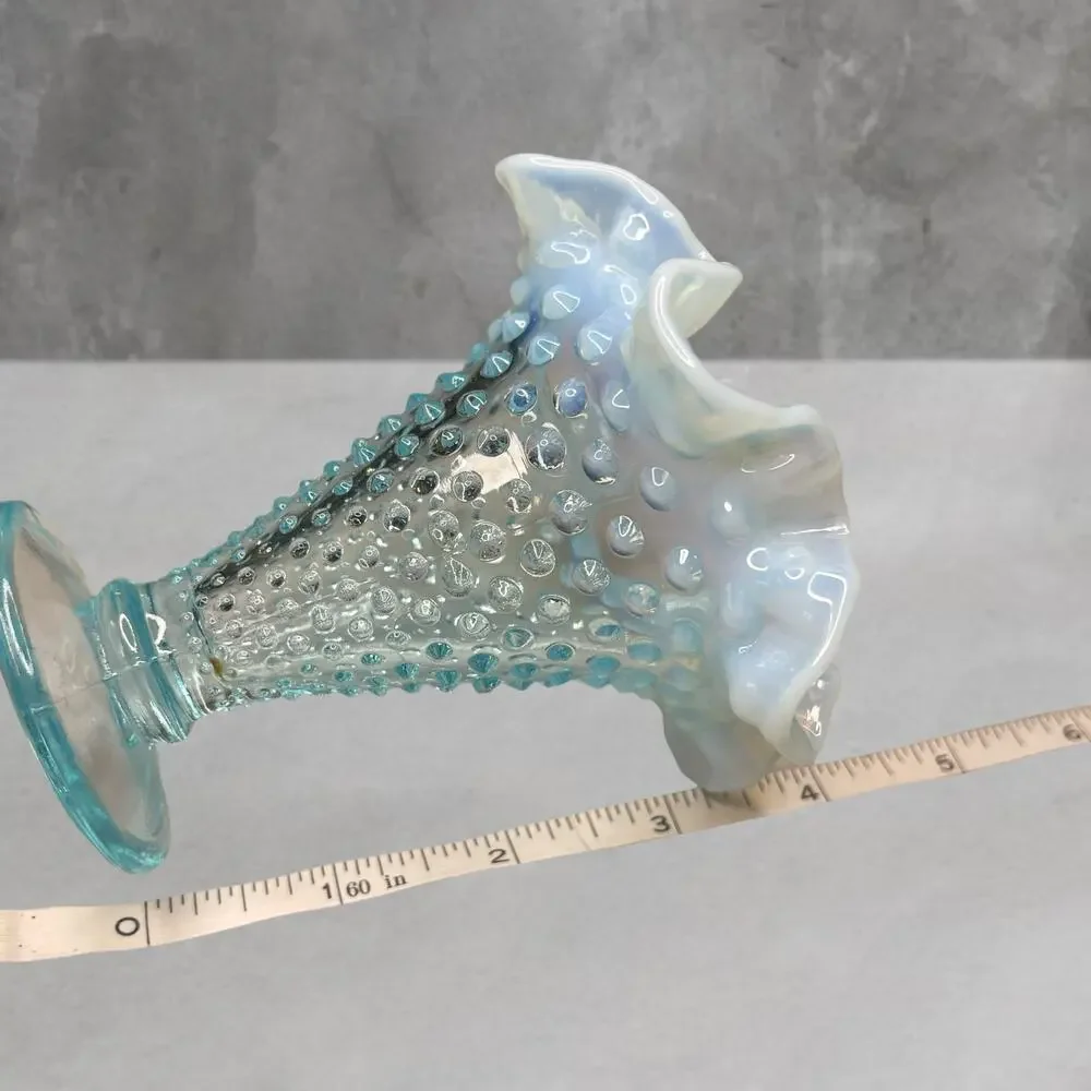 Vtg Fenton Opalescent Blue Hobnail 2-Piece Epergne Trumpet Flower Vase Pre 1970s